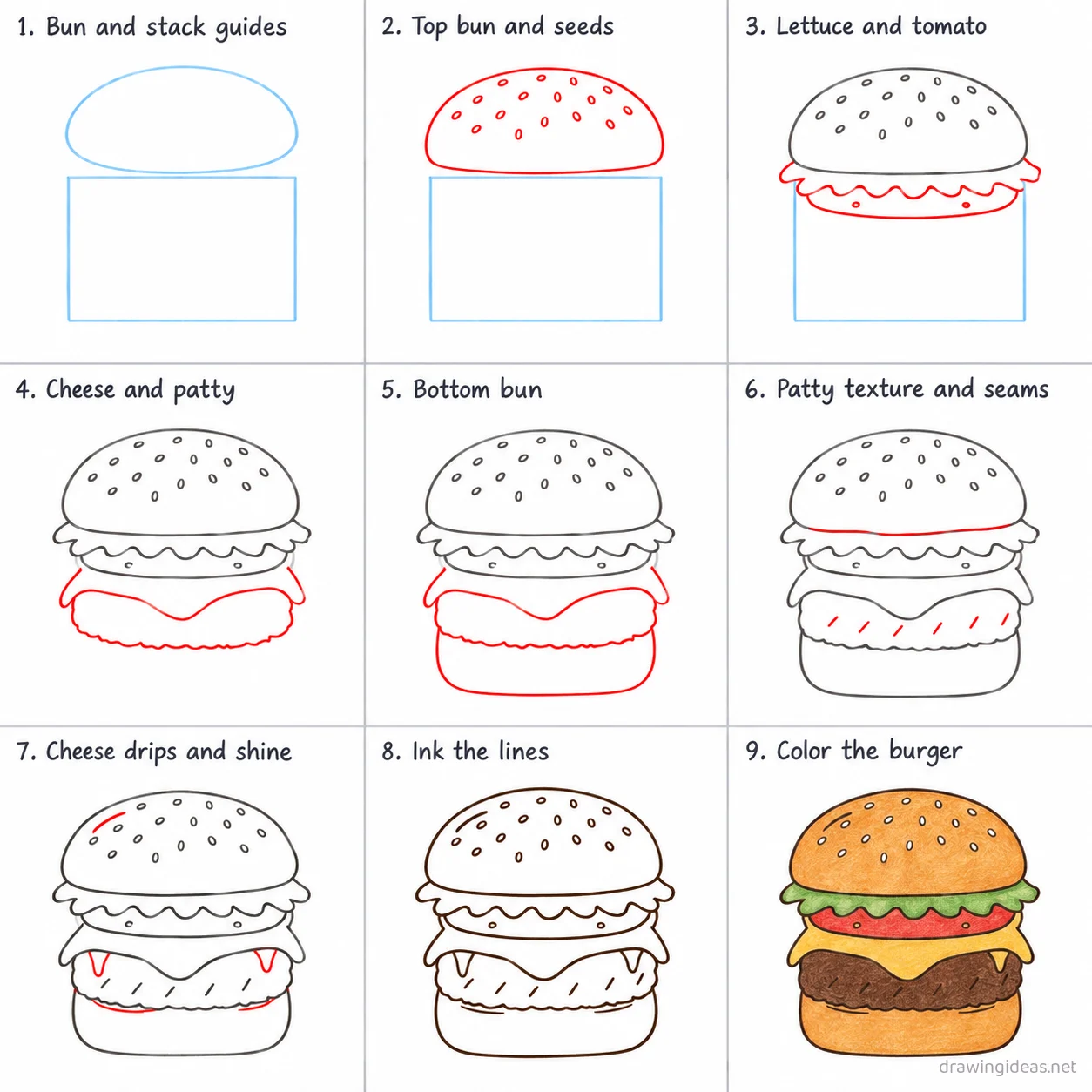 How to draw a burger step by step — 9-step burger drawing tutorial sheet