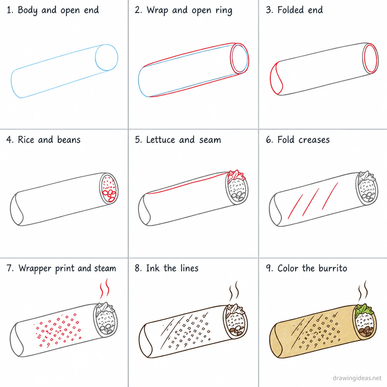 How to draw a burrito step by step — 9-step burrito drawing tutorial sheet