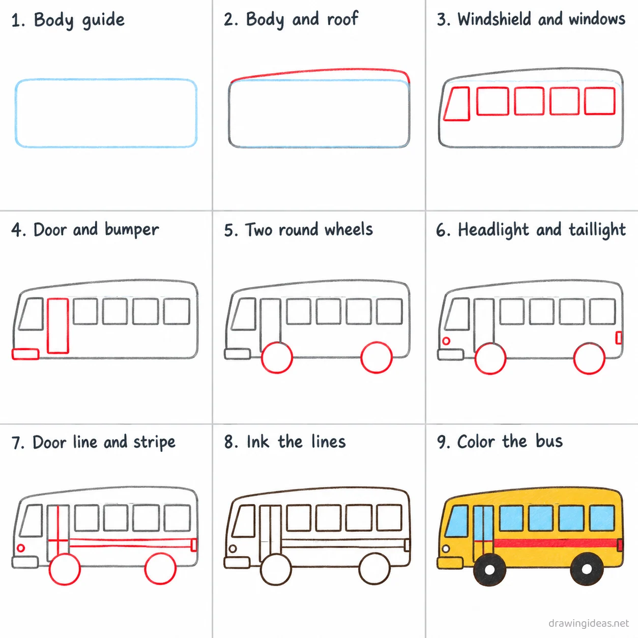 How to draw a bus step by step — 9-step bus drawing tutorial sheet