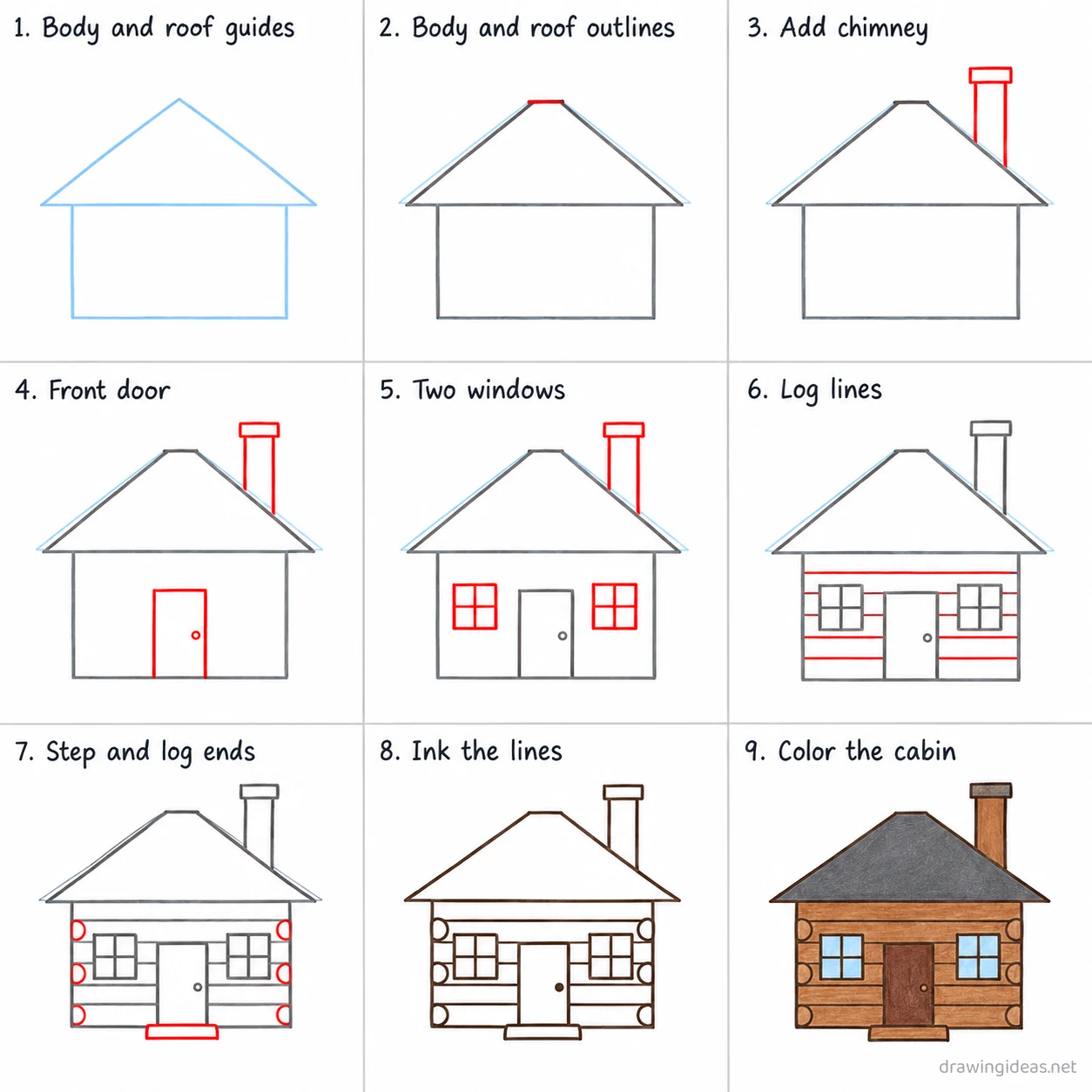 How to draw a cabin step by step — 9-step cabin drawing tutorial sheet