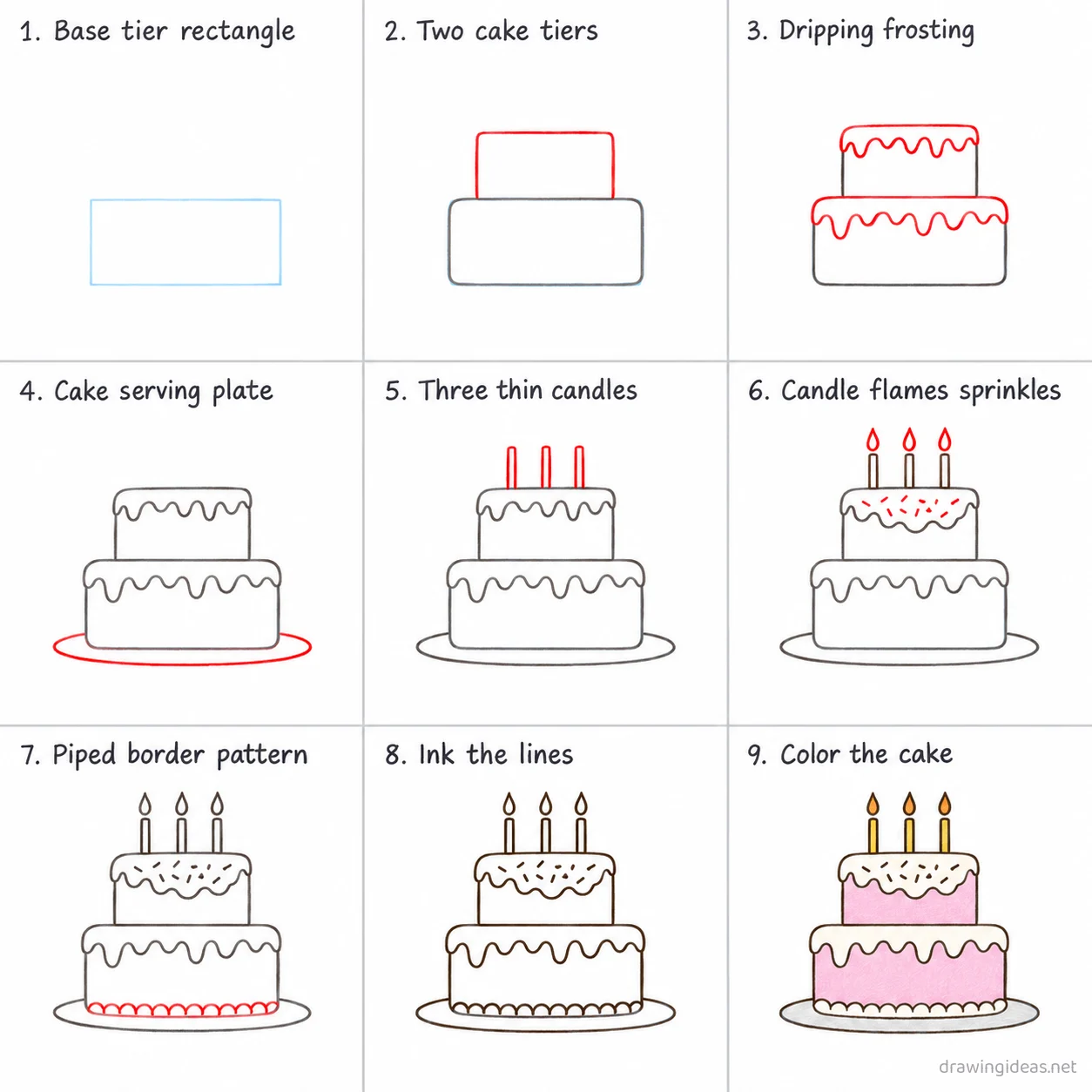 How to draw a cake step by step — 9-step cake drawing tutorial sheet