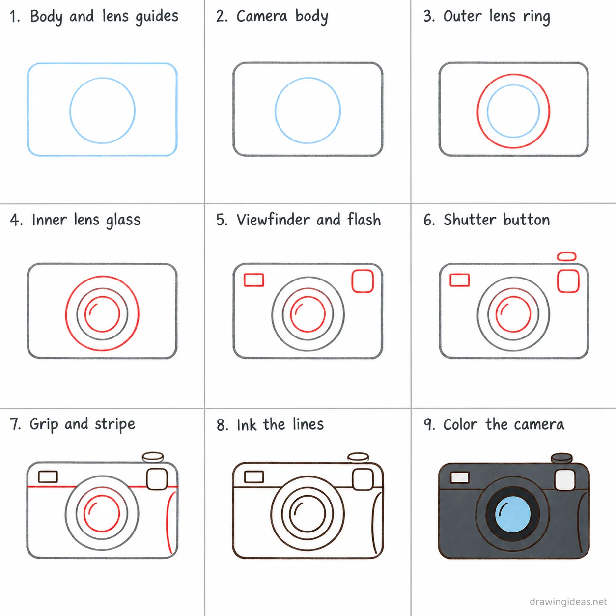 How to draw a camera step by step — 9-step camera drawing tutorial sheet
