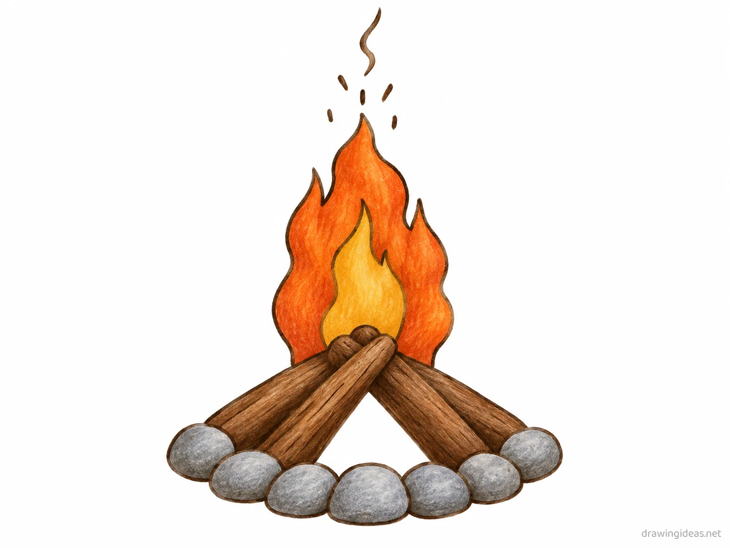 Campfire drawing — hand-drawn campfire illustration with ink lines and soft colors