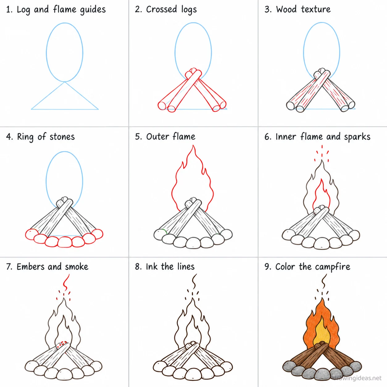How to draw a campfire step by step — 9-step campfire drawing tutorial sheet