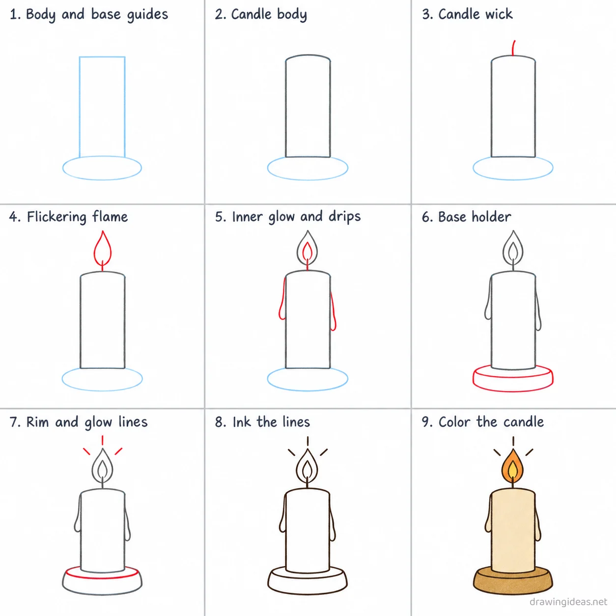 How to draw a candle step by step — 9-step candle drawing tutorial sheet