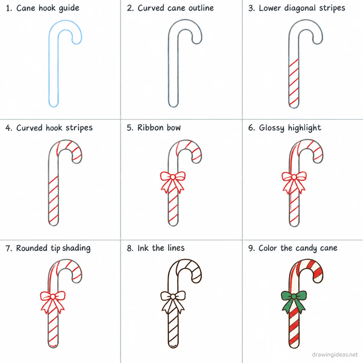 How to draw a candy cane step by step — 9-step candy cane drawing tutorial sheet