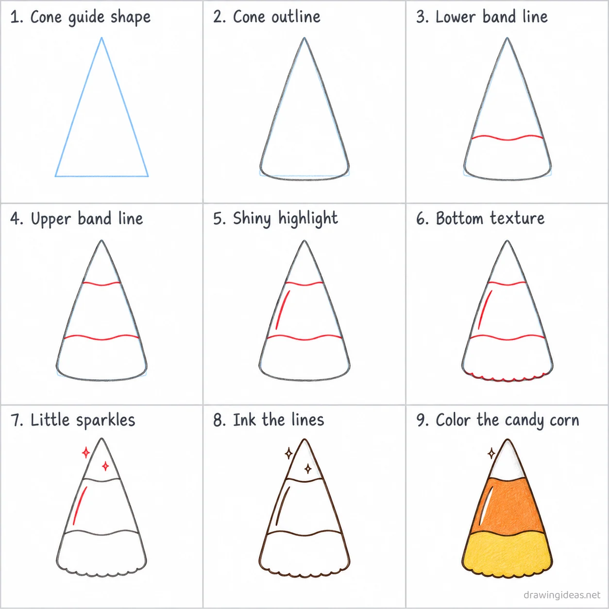How to draw a candy corn step by step — 9-step candy corn drawing tutorial sheet