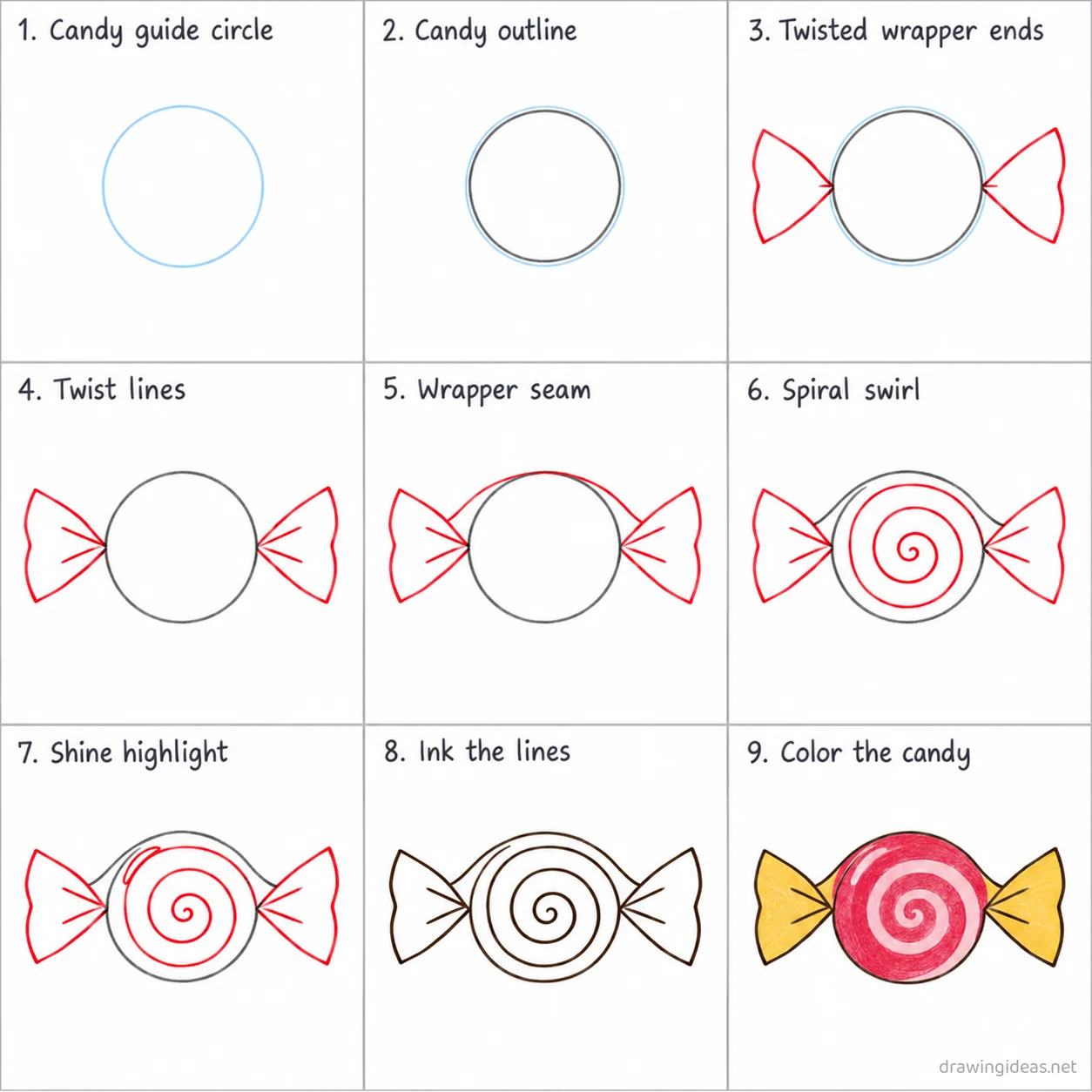 How to draw candy step by step — 9-step candy drawing tutorial sheet
