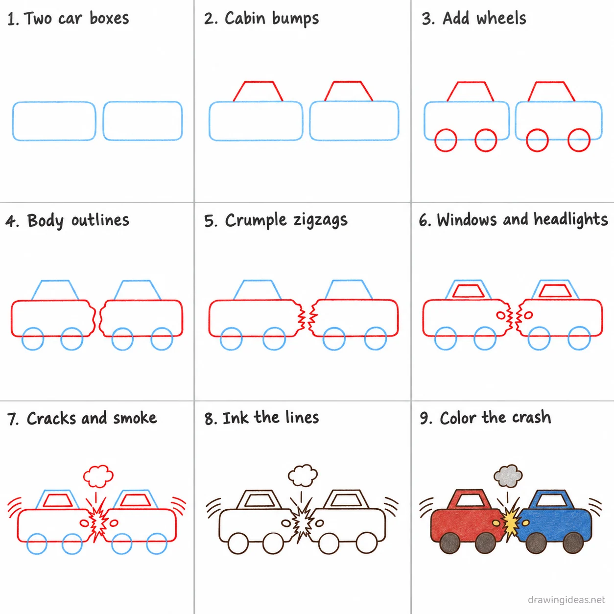 How to draw a car crash step by step — 9-step car crash drawing tutorial sheet