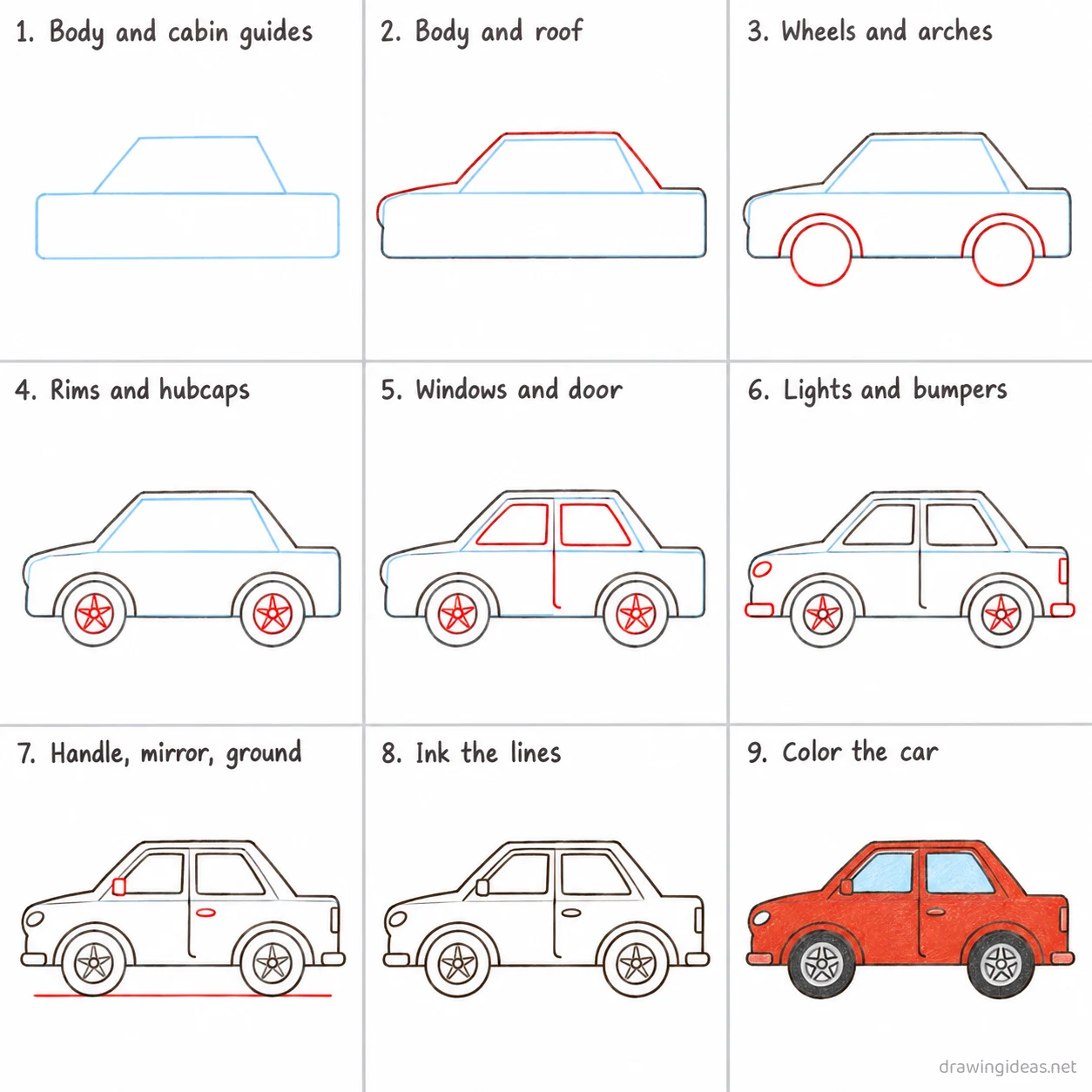 How to draw a car step by step — 9-step car drawing tutorial sheet