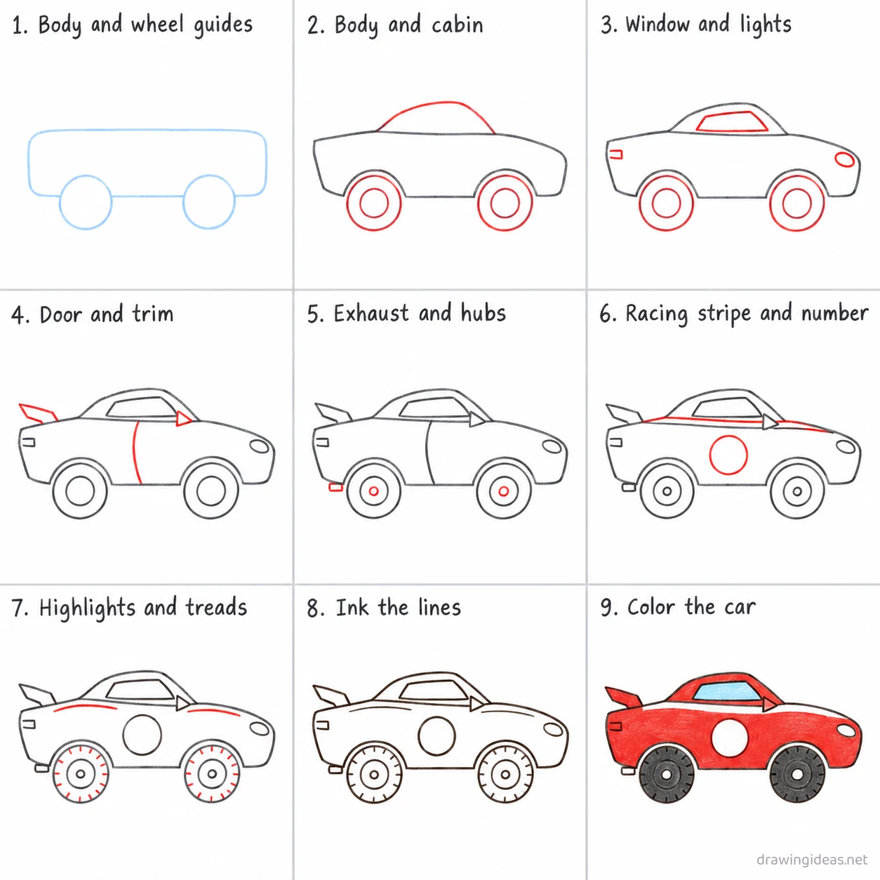 How to draw a car game step by step — 9-step car game drawing tutorial sheet