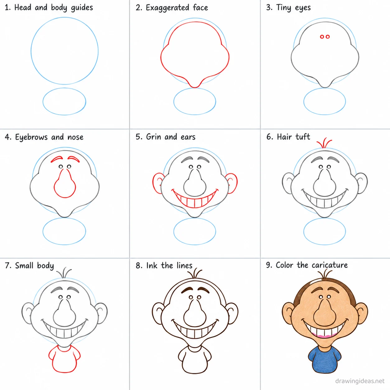 How to draw a caricature step by step — 9-step caricature drawing tutorial sheet