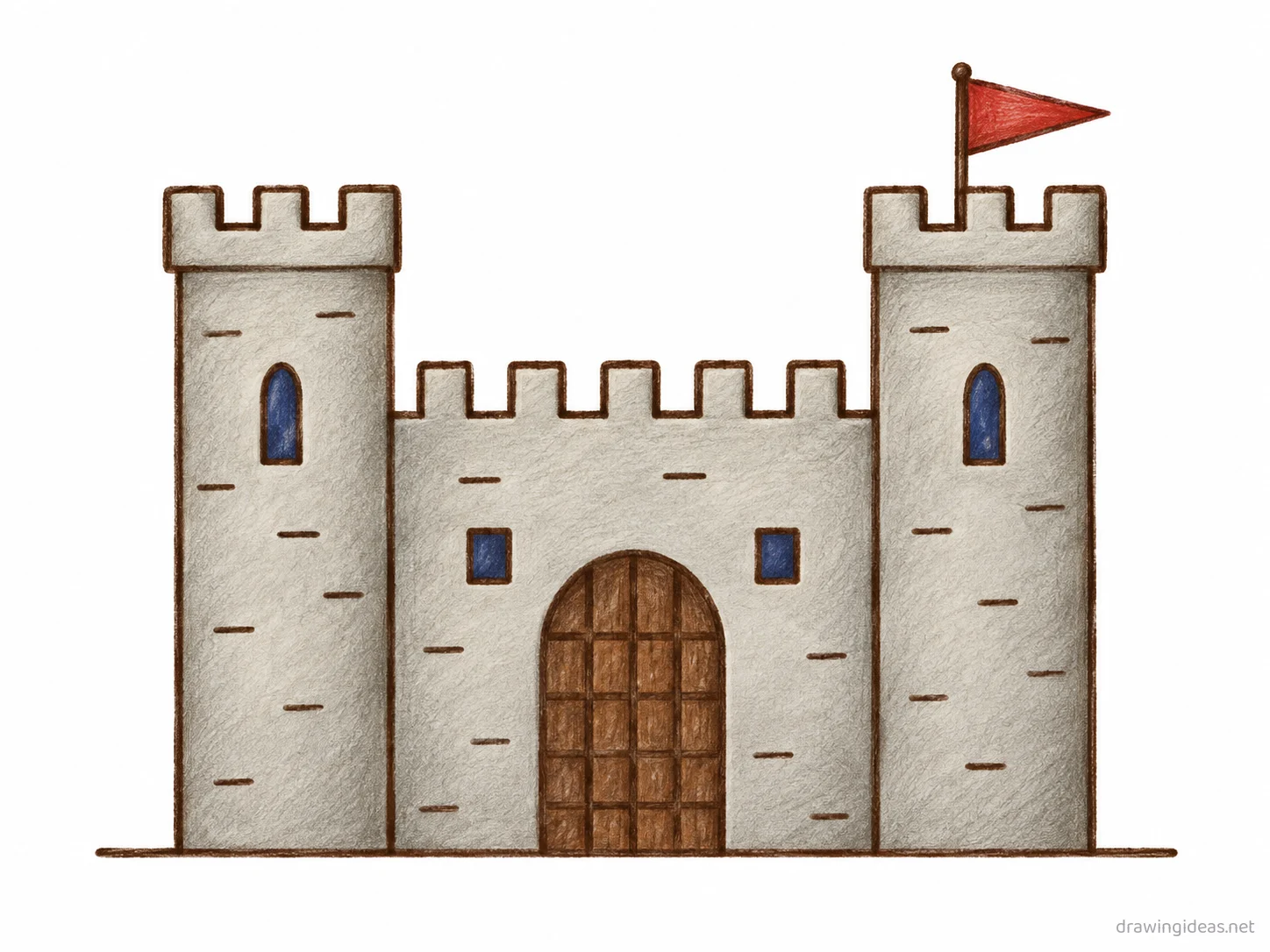 Castle drawing — hand-drawn castle illustration with ink lines and soft colors