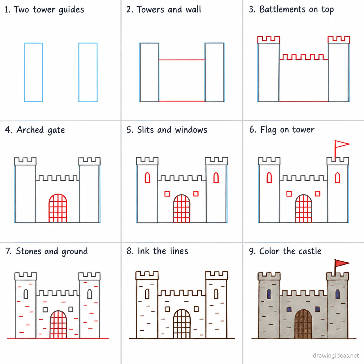 How to draw a castle step by step — 9-step castle drawing tutorial sheet