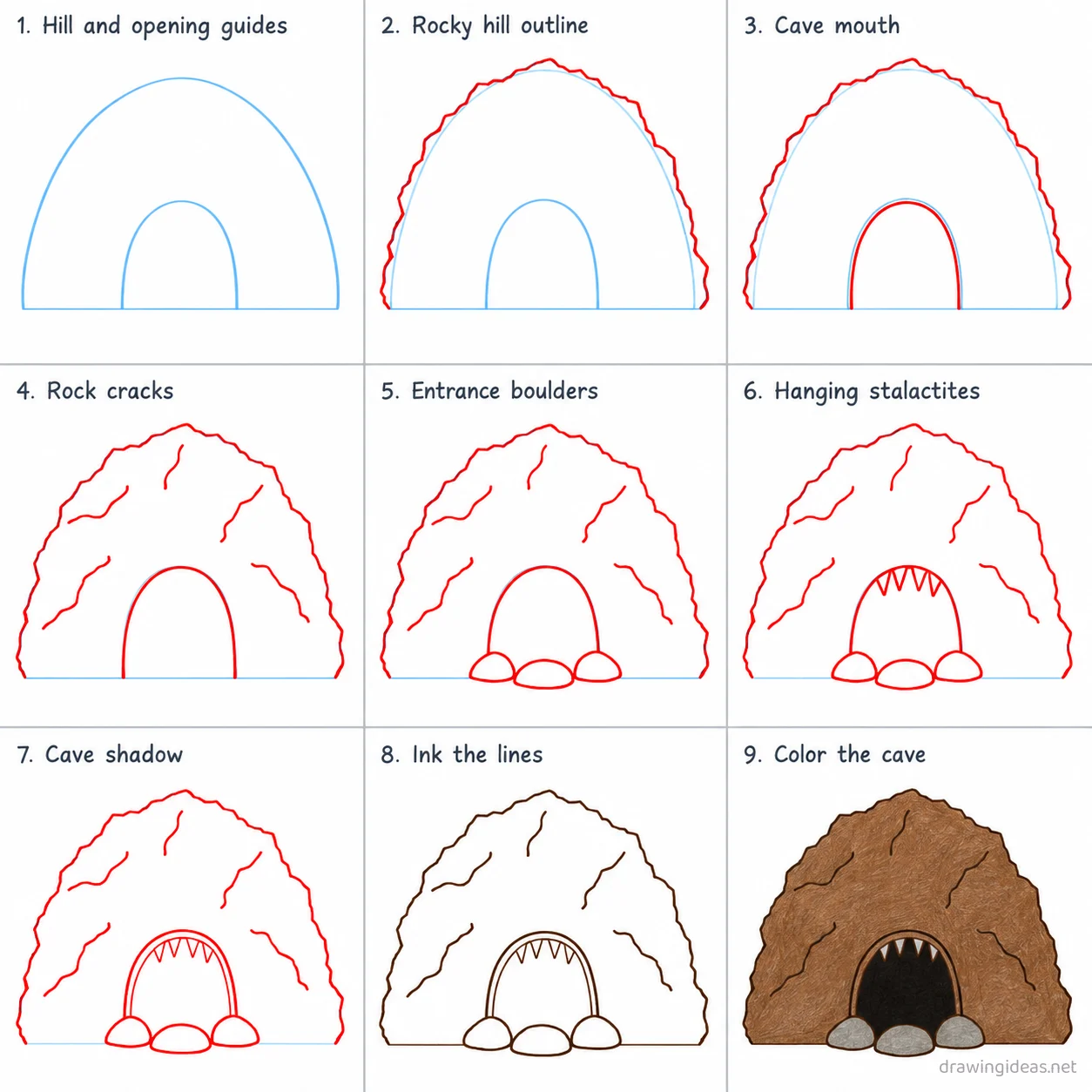 How to draw a cave step by step — 9-step cave drawing tutorial sheet