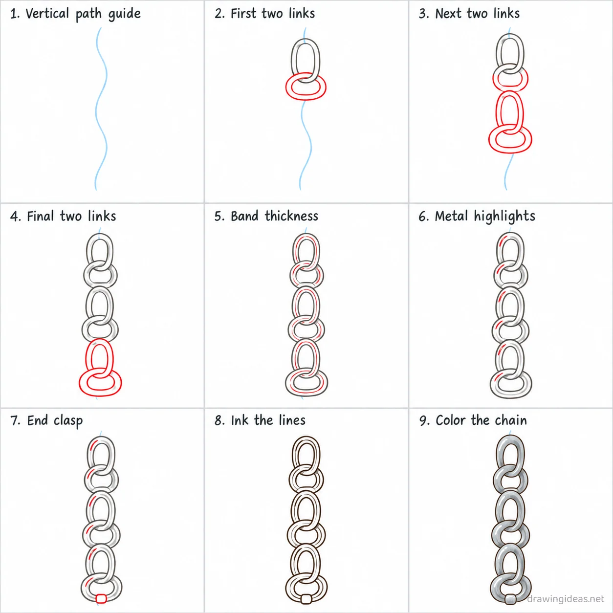 How to draw a chain step by step — 9-step chain drawing tutorial sheet