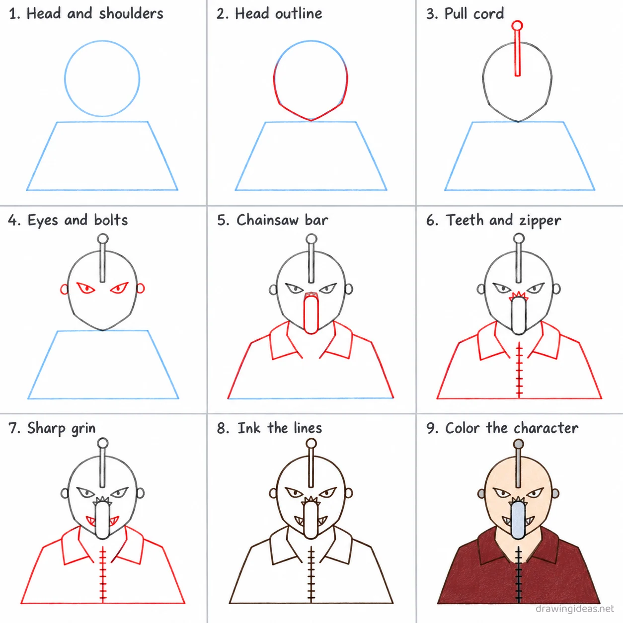 How to draw Chainsaw Man step by step — 9-step Chainsaw Man drawing tutorial sheet