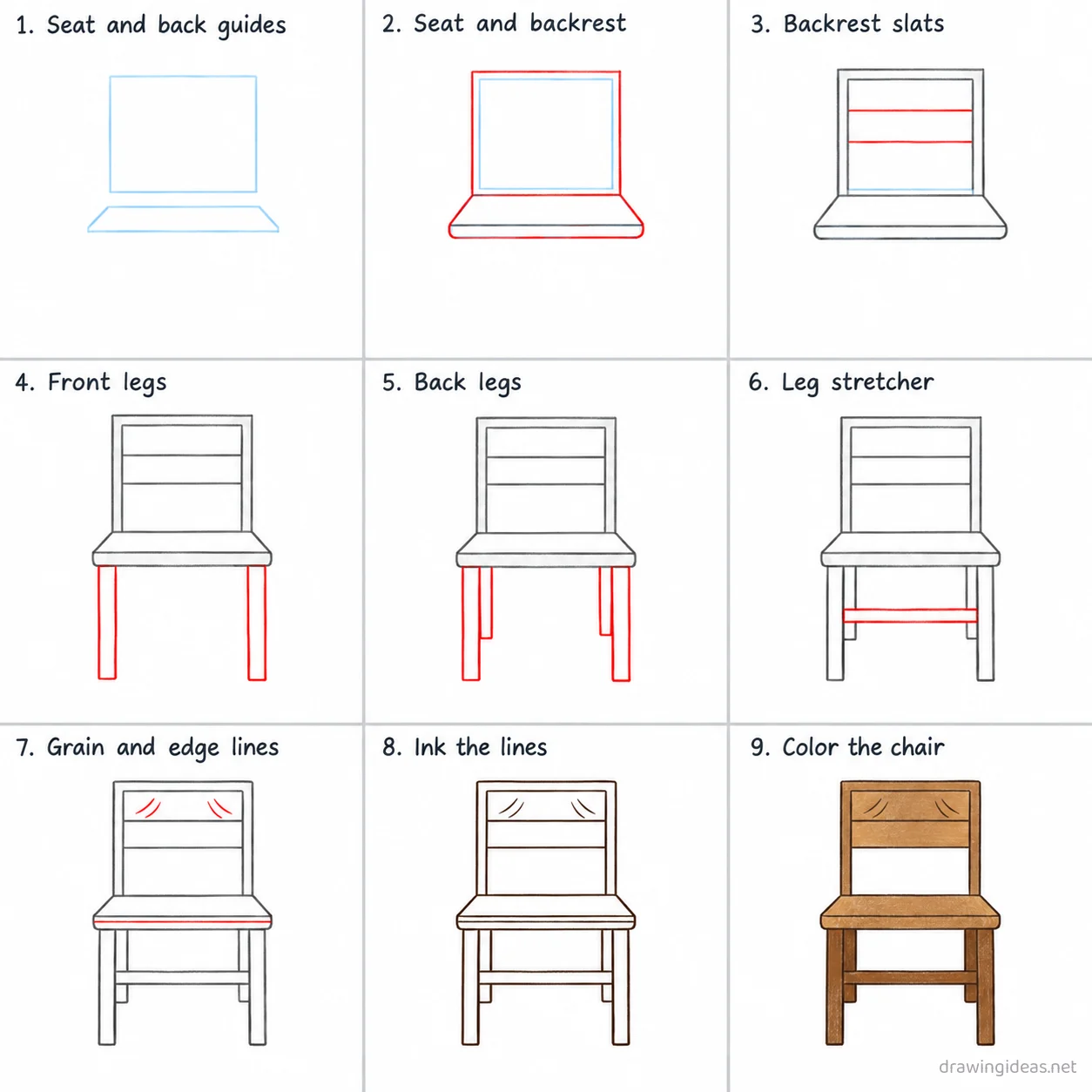 How to draw a chair step by step — 9-step chair drawing tutorial sheet