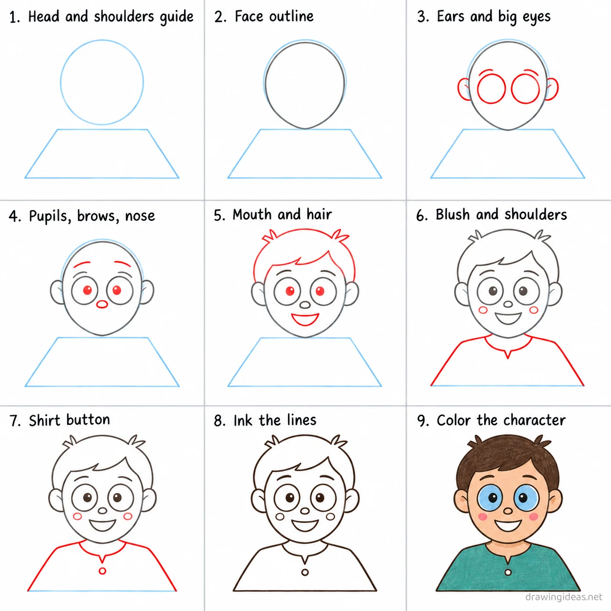 How to draw a character step by step — 9-step character drawing tutorial sheet