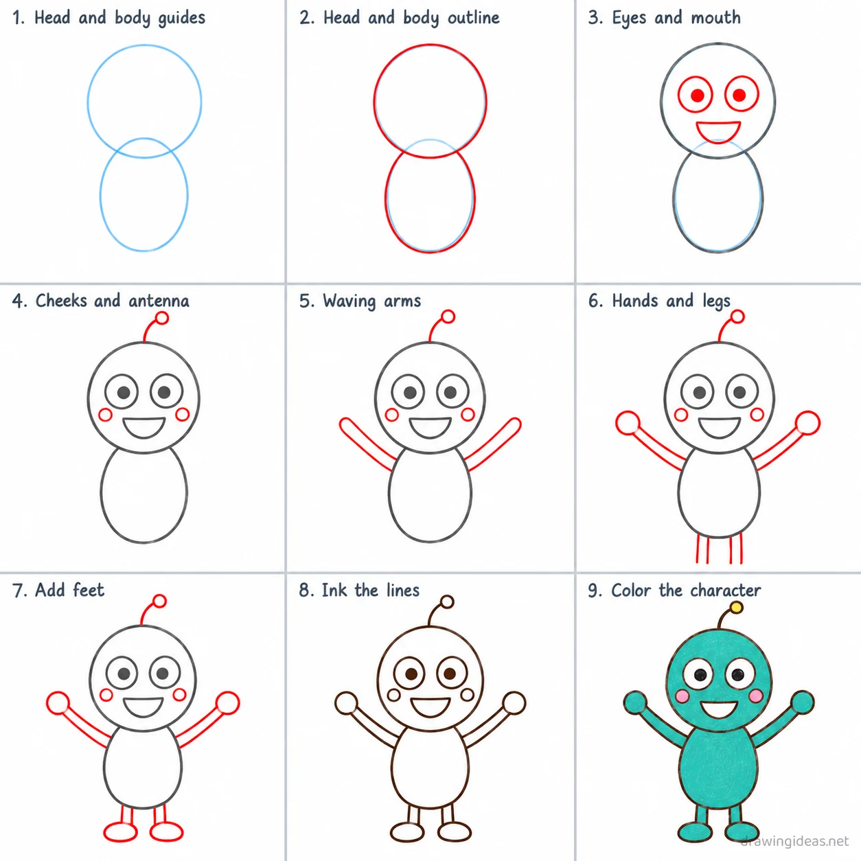 How to draw characters step by step — 9-step characters drawing tutorial sheet