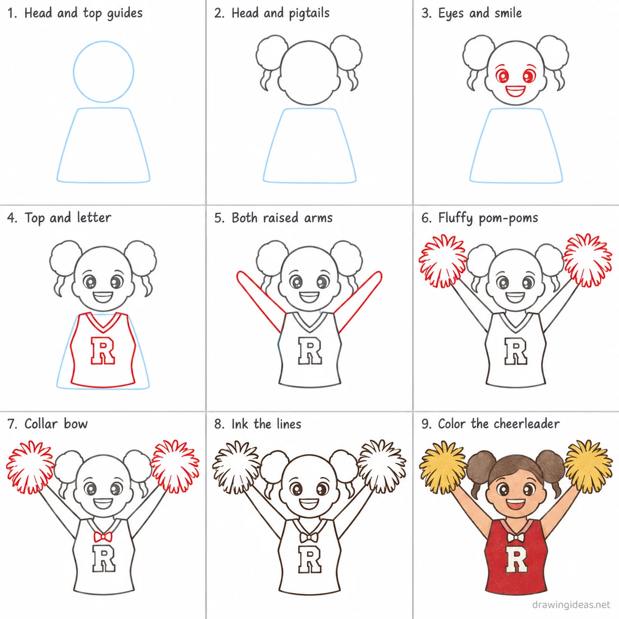 How to draw cheer step by step — 9-step cheer drawing tutorial sheet