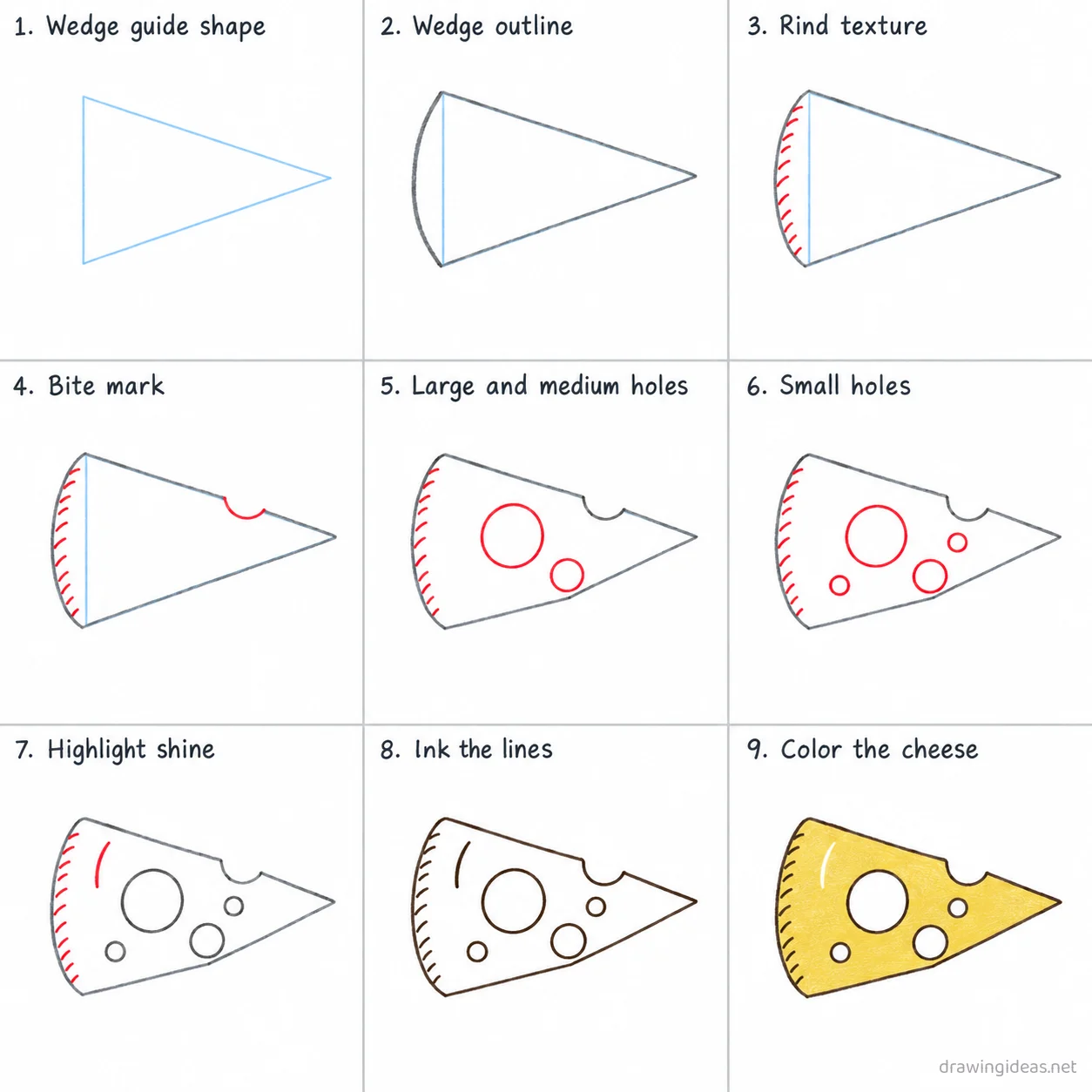 How to draw cheese step by step — 9-step cheese drawing tutorial sheet
