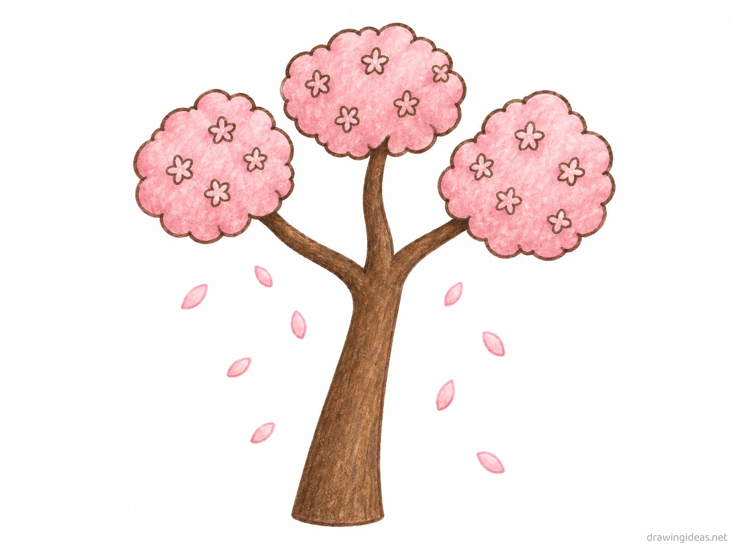 Cherry Blossom Tree drawing — hand-drawn cherry blossom tree illustration with ink lines and soft colors