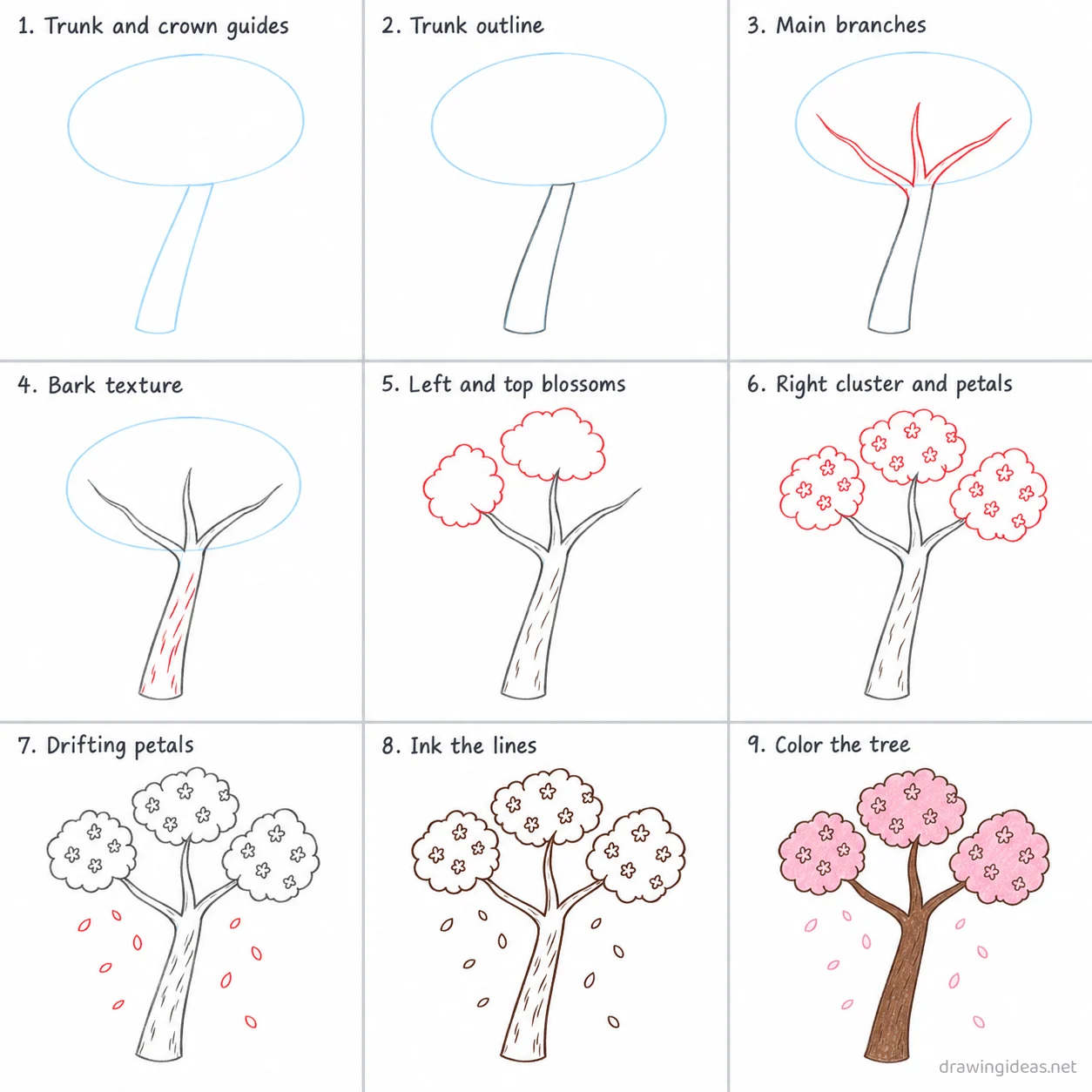 How to draw a cherry blossom tree step by step — 9-step cherry blossom tree drawing tutorial sheet