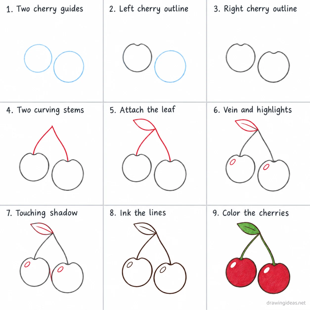 How to draw a cherry step by step — 9-step cherry drawing tutorial sheet