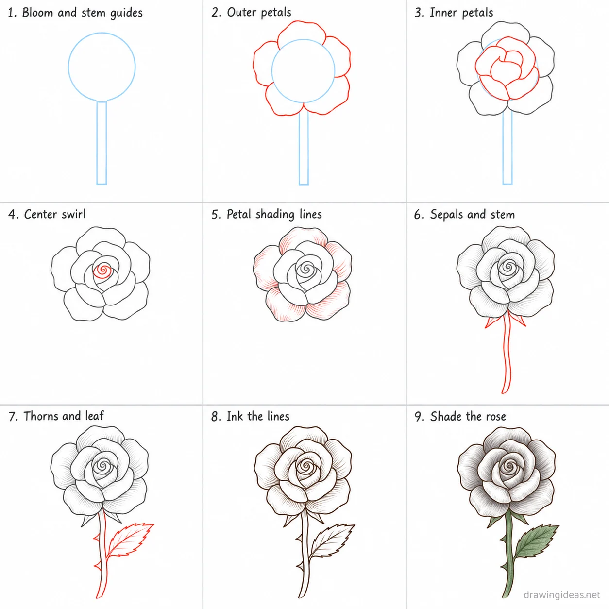 How to draw Chicano step by step — 9-step Chicano drawing tutorial sheet