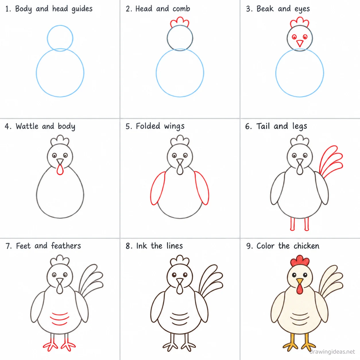 How to draw a chicken step by step — 9-step chicken drawing tutorial sheet