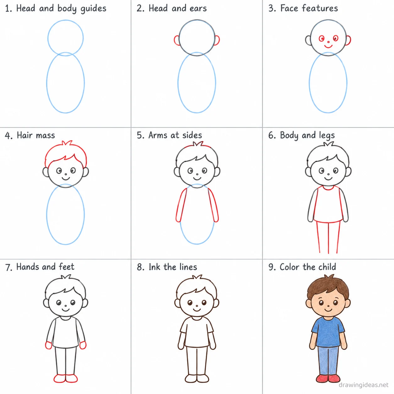 How to draw a child step by step — 9-step child drawing tutorial sheet