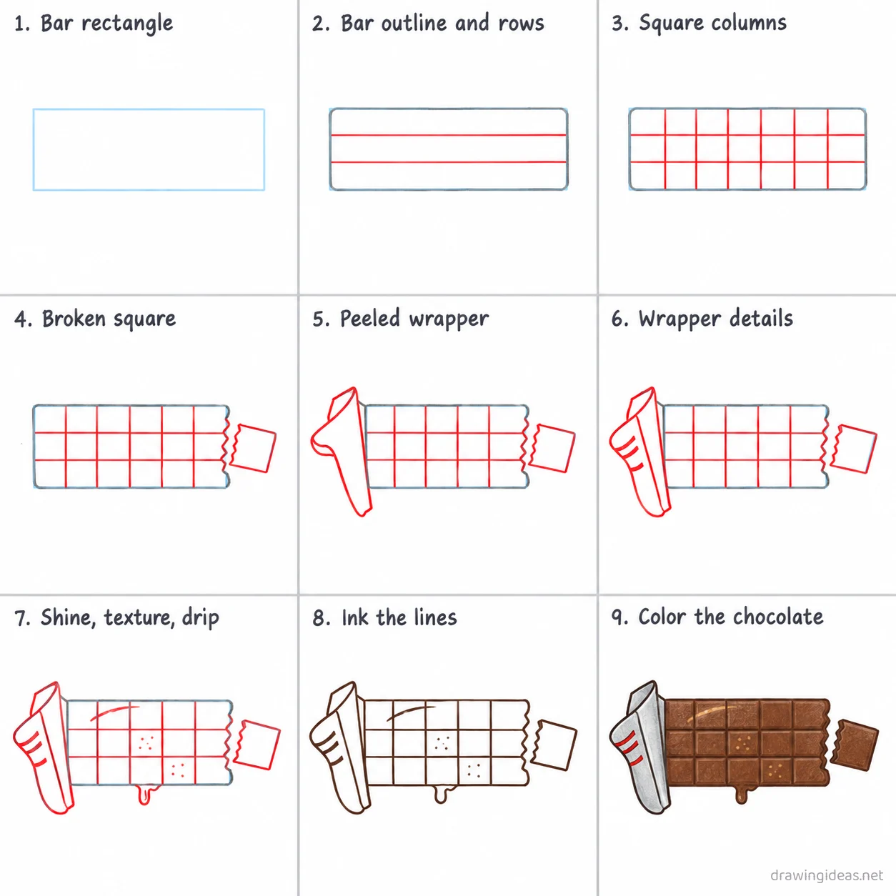 How to draw a chocolate bar step by step — 9-step chocolate bar drawing tutorial sheet