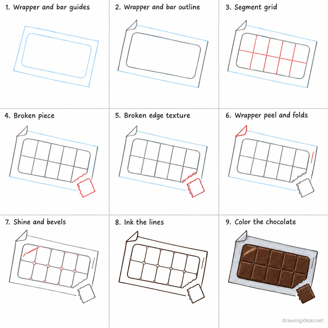 How to draw chocolate step by step — 9-step chocolate drawing tutorial sheet
