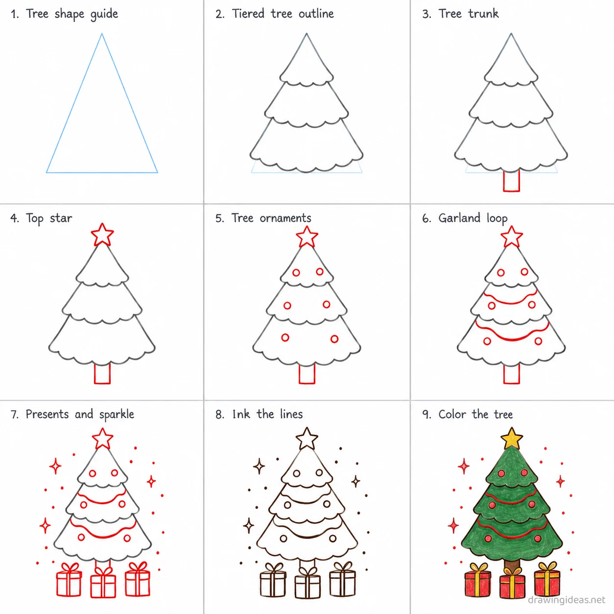 How to draw Christmas step by step — 9-step Christmas drawing tutorial sheet