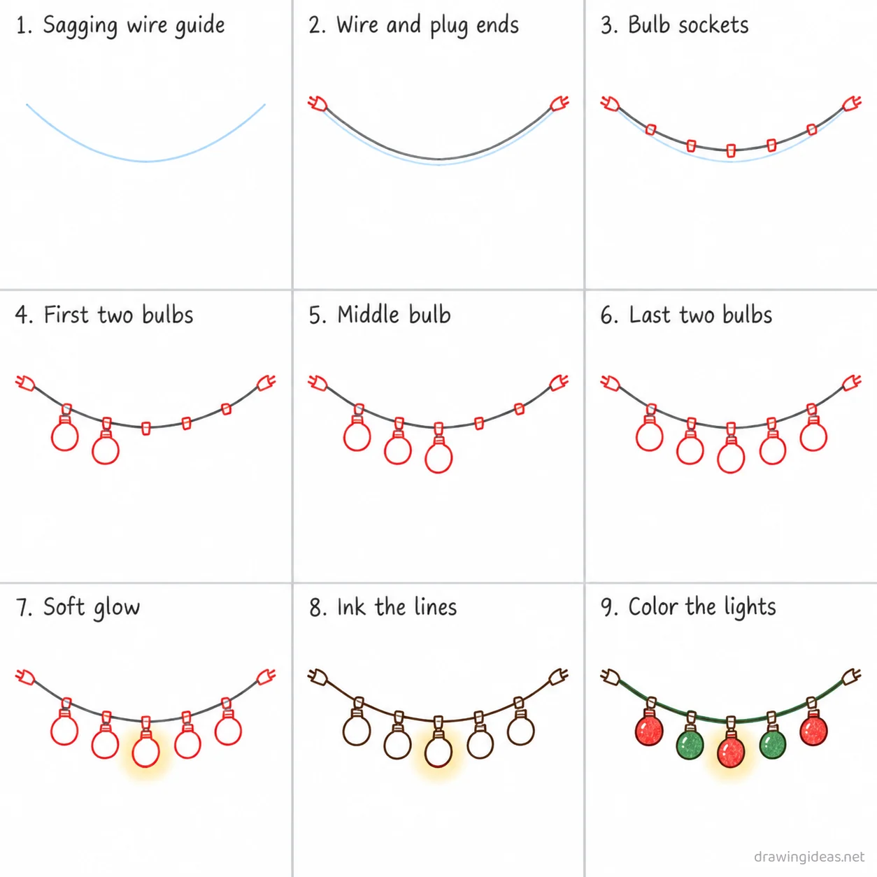 How to draw Christmas lights step by step — 9-step Christmas lights drawing tutorial sheet