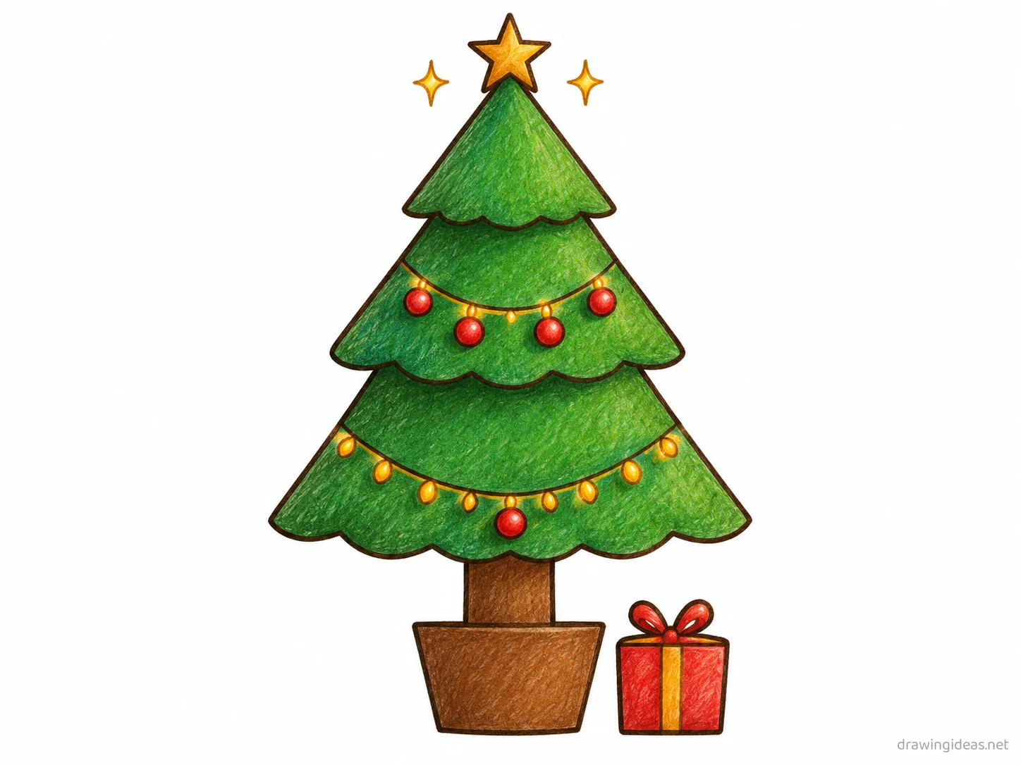 Christmas Tree drawing — hand-drawn Christmas tree illustration with ink lines and soft colors