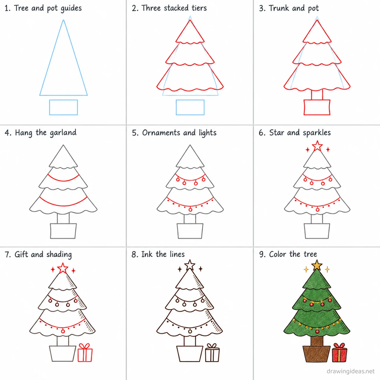 How to draw a Christmas tree step by step — 9-step Christmas tree drawing tutorial sheet