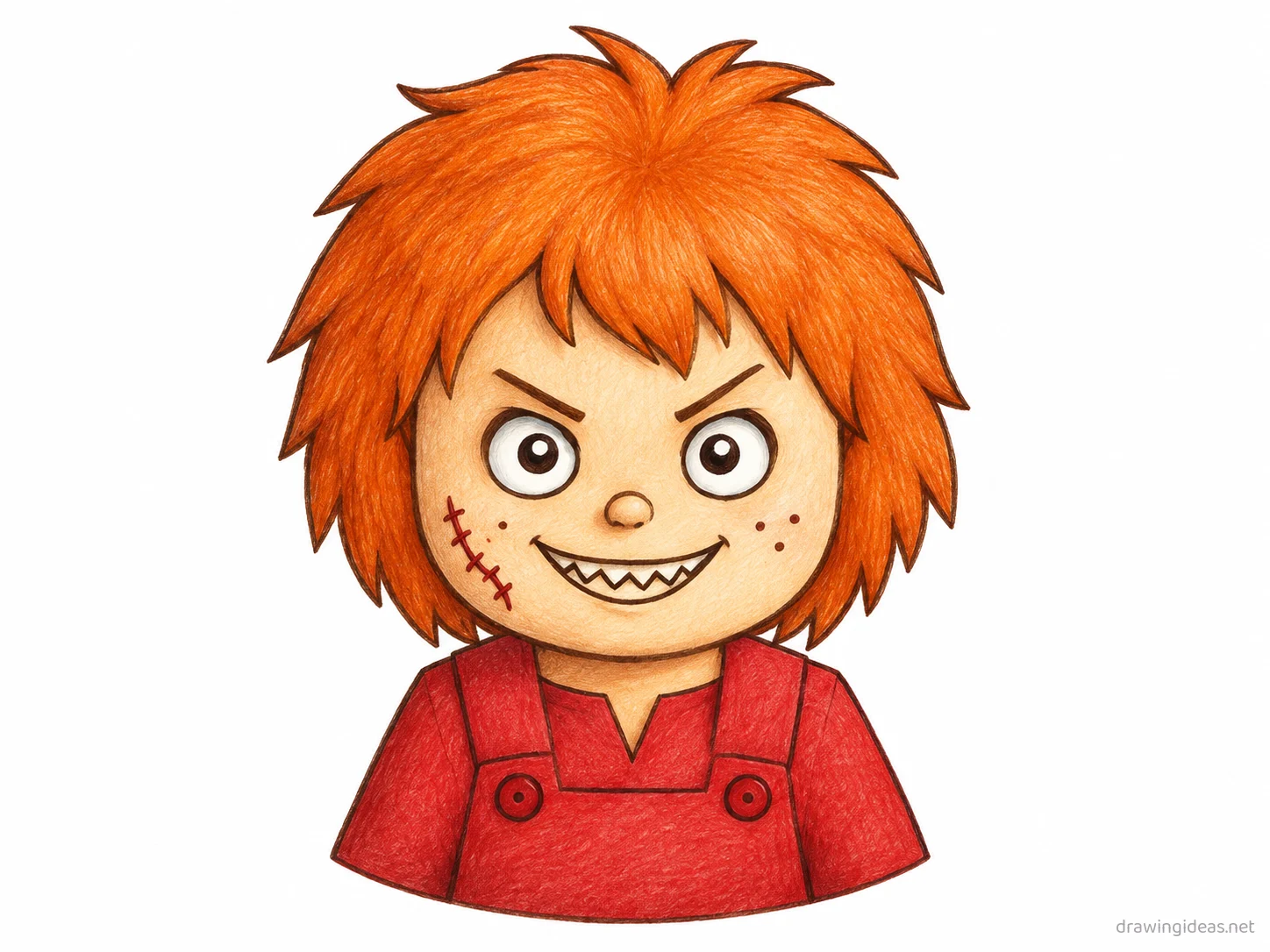 Chucky drawing — hand-drawn Chucky illustration with ink lines and soft colors