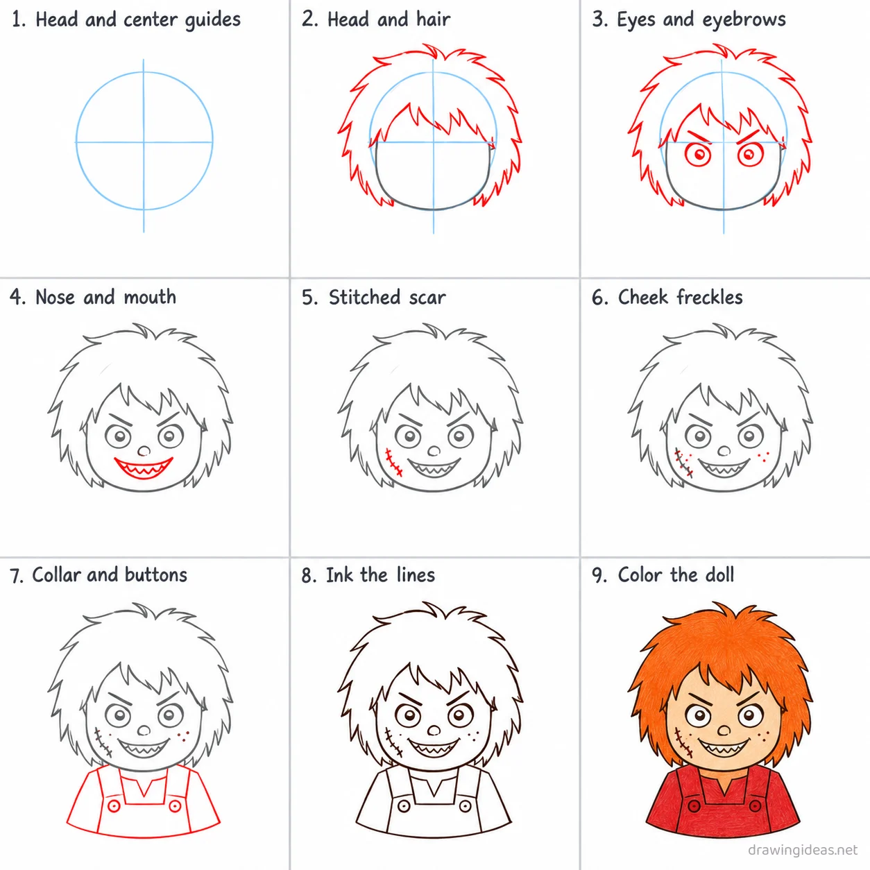 How to draw Chucky step by step — 9-step Chucky drawing tutorial sheet