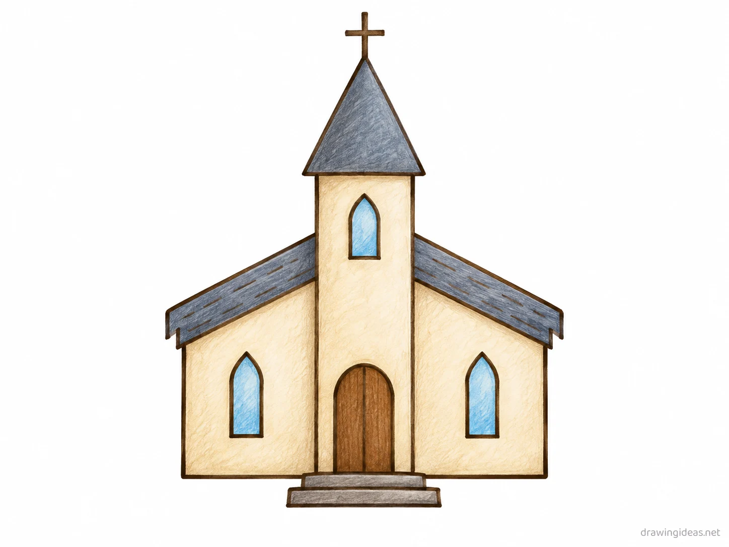 Church drawing — hand-drawn church illustration with ink lines and soft colors