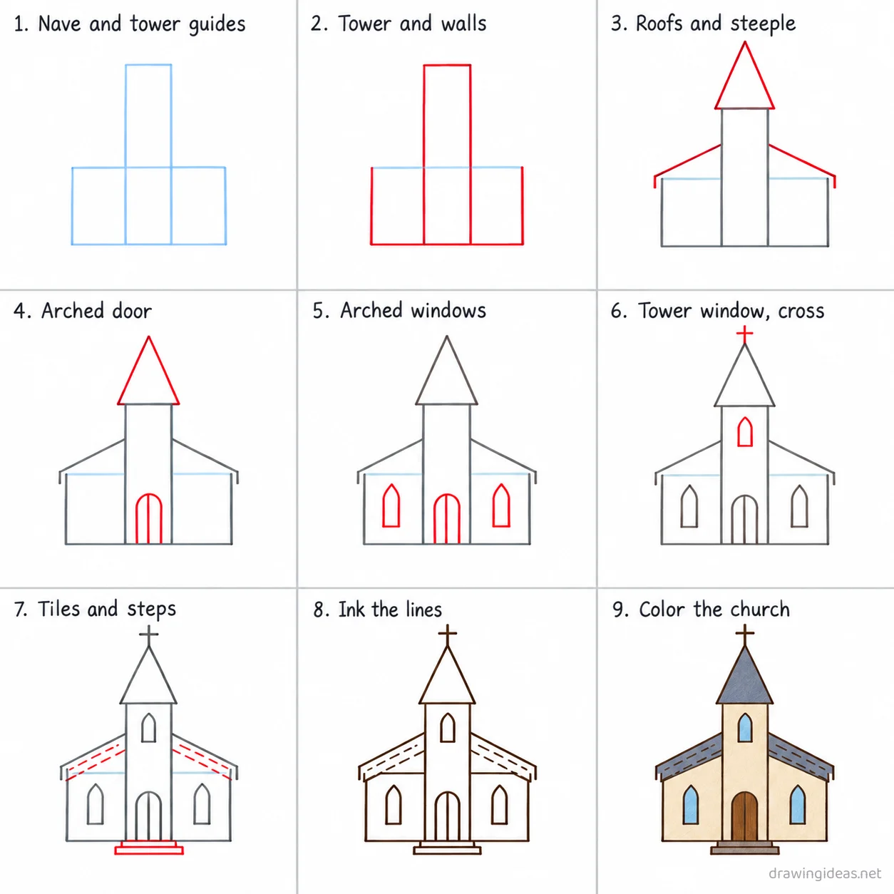 How to draw a church step by step — 9-step church drawing tutorial sheet