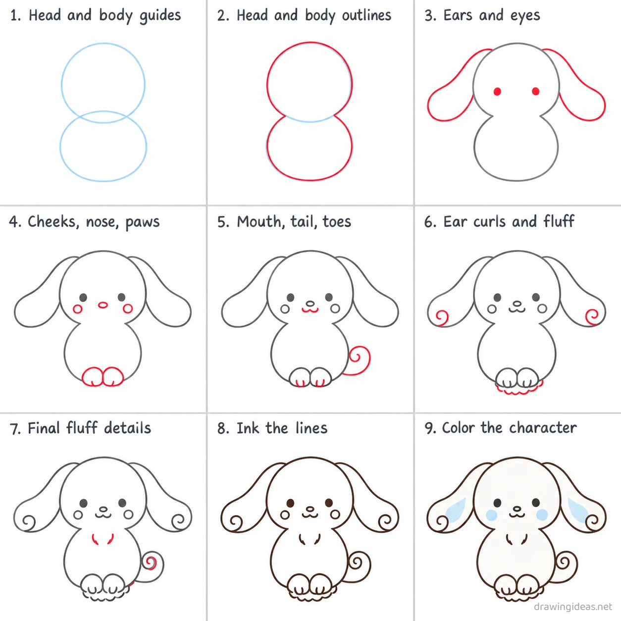 How to draw Cinnamoroll step by step — 9-step Cinnamoroll drawing tutorial sheet