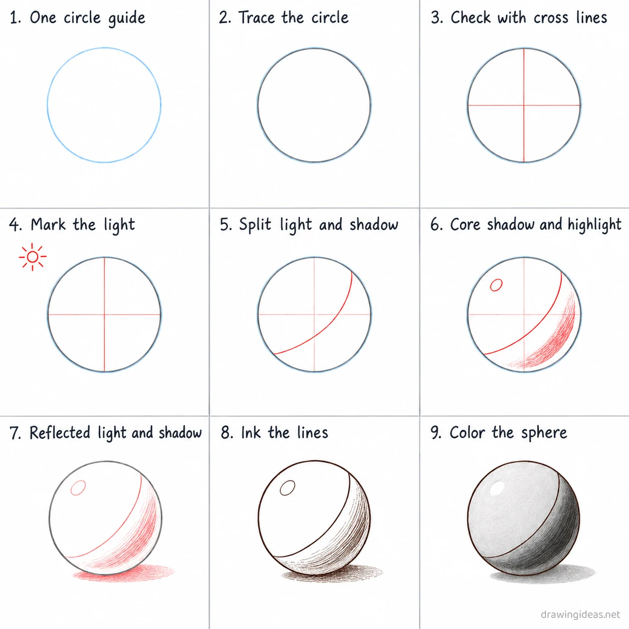 How to draw a circle step by step — 9-step circle drawing tutorial sheet