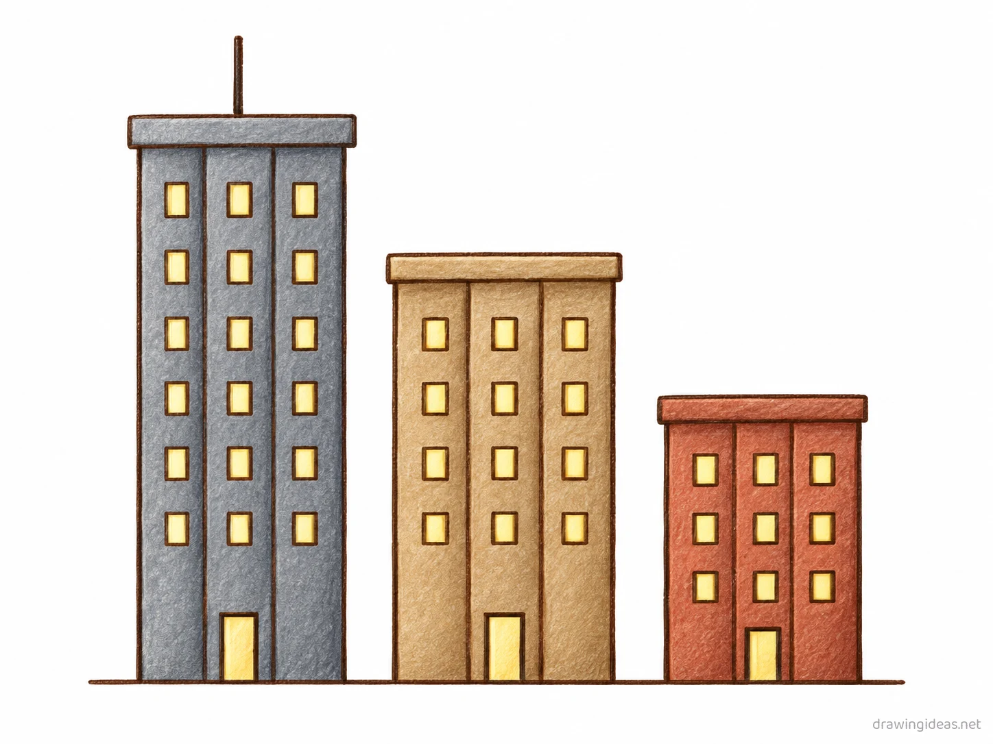 City drawing — hand-drawn city illustration with ink lines and soft colors