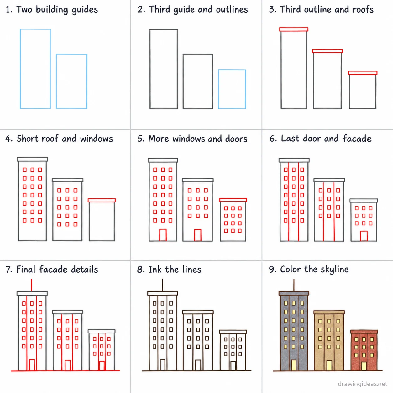 How to draw a city step by step — 9-step city drawing tutorial sheet