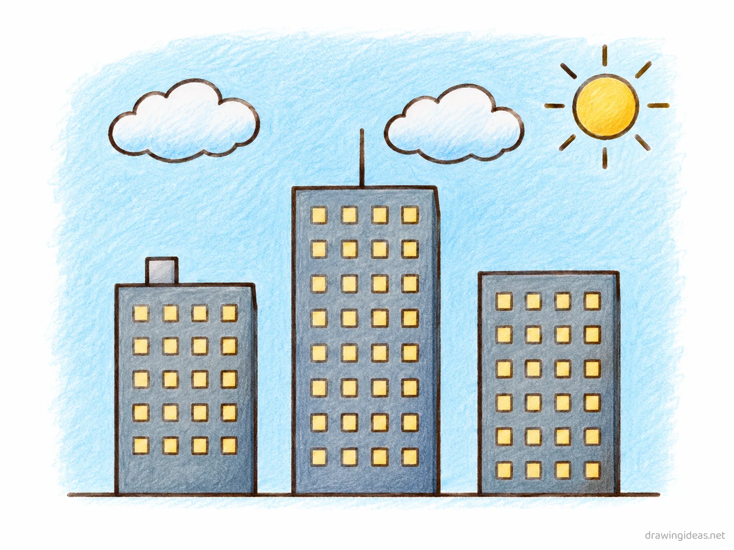 Cityscape drawing — hand-drawn cityscape illustration with ink lines and soft colors