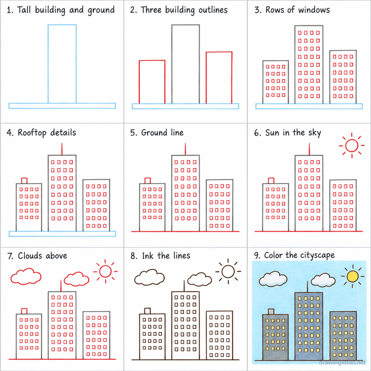 How to draw a cityscape step by step — 9-step cityscape drawing tutorial sheet