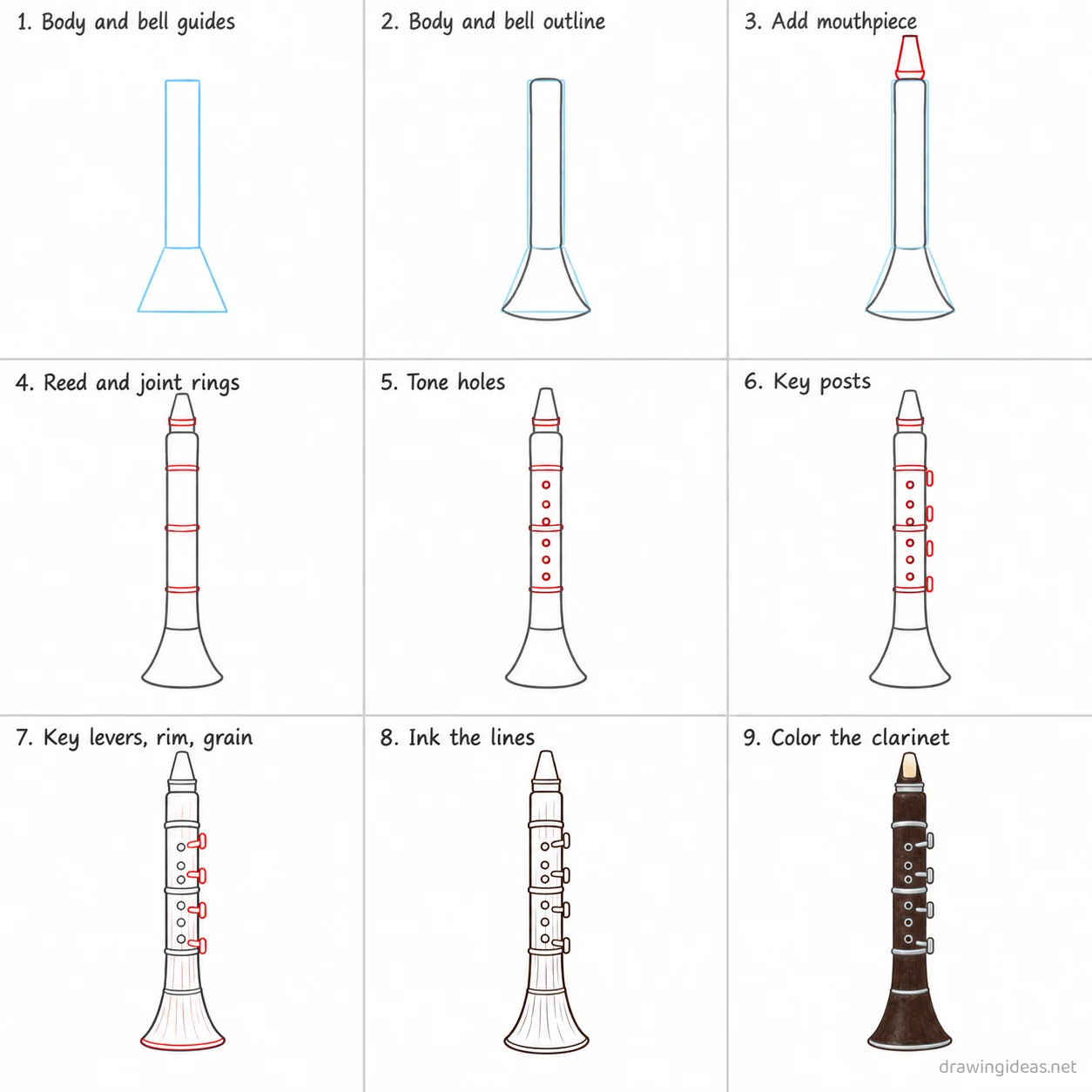 How to draw a clarinet step by step — 9-step clarinet drawing tutorial sheet