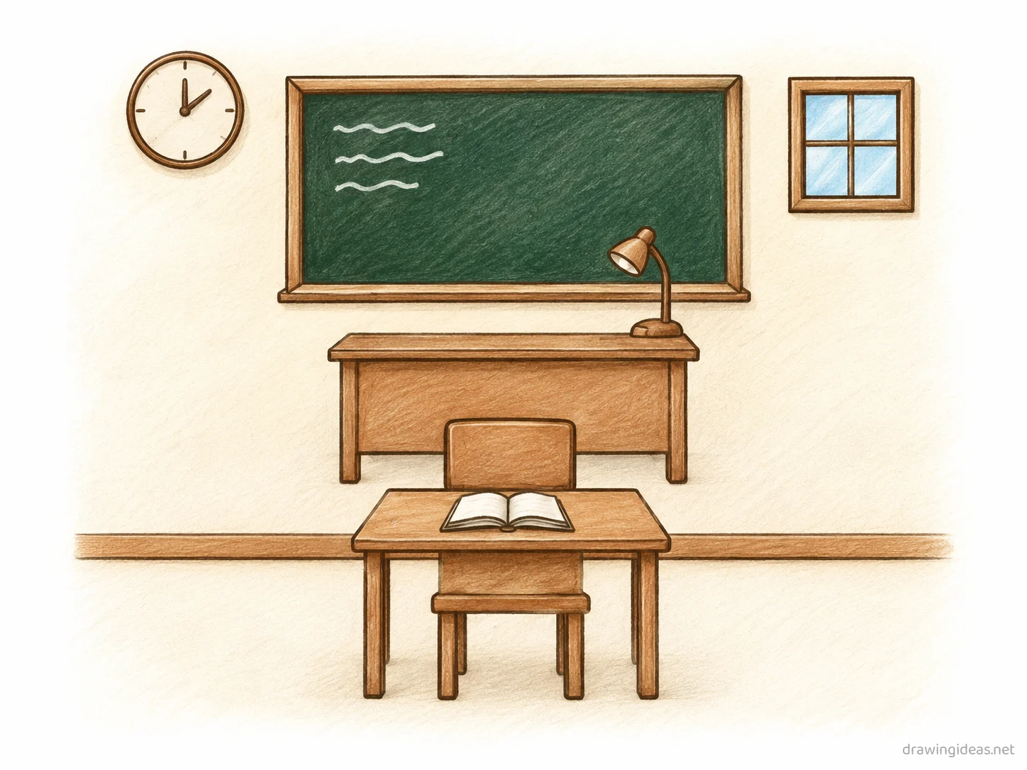 Classroom drawing — hand-drawn classroom illustration with ink lines and soft colors